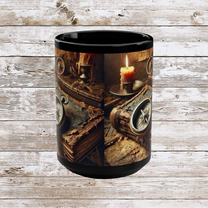 Compass and Candle Black Mug, Thanksgiving Ceramic Cup, Cozy Home Gift, Seasonal Drinkware, Large Tea Mug, Black Coffee Cup