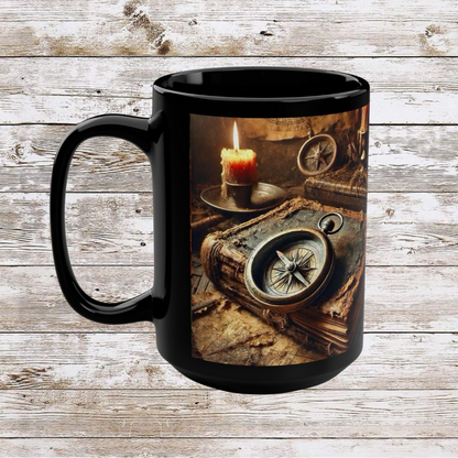 Compass and Candle Black Mug, Thanksgiving Ceramic Cup, Cozy Home Gift, Seasonal Drinkware, Large Tea Mug, Black Coffee Cup
