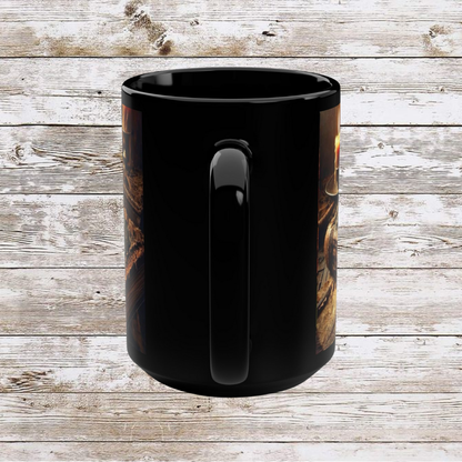 Compass and Candle Black Mug, Thanksgiving Ceramic Cup, Cozy Home Gift, Seasonal Drinkware, Large Tea Mug, Black Coffee Cup