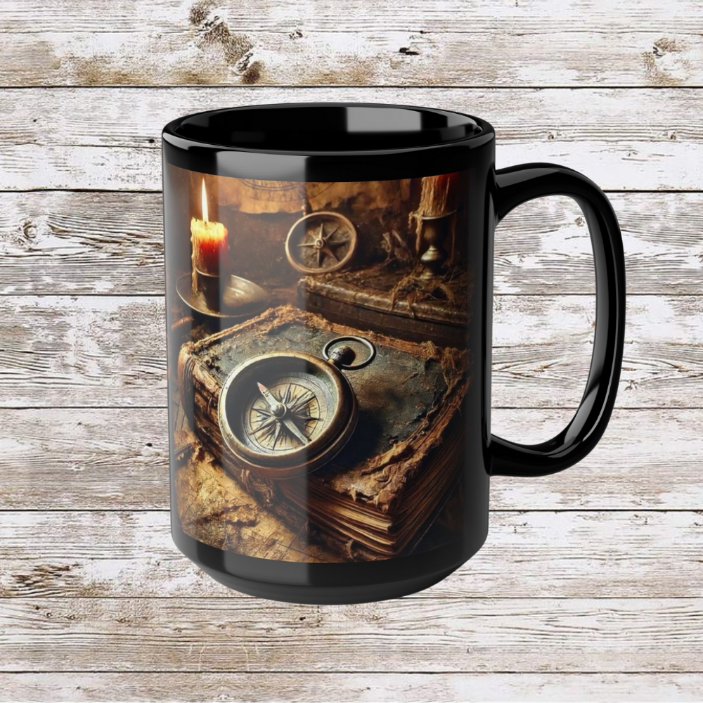 Compass and Candle Black Mug, Thanksgiving Ceramic Cup, Cozy Home Gift, Seasonal Drinkware, Large Tea Mug, Black Coffee Cup