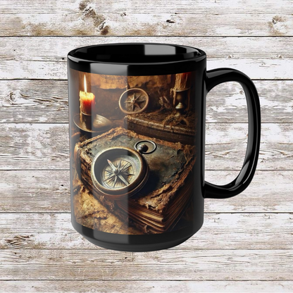 Compass and Candle Black Mug, Thanksgiving Ceramic Cup, Cozy Home Gift, Seasonal Drinkware, Large Tea Mug, Black Coffee Cup