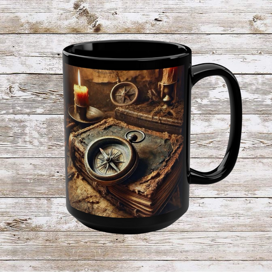 Compass and Candle Black Mug, Thanksgiving Ceramic Cup, Cozy Home Gift, Seasonal Drinkware, Large Tea Mug, Black Coffee Cup