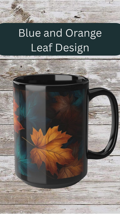 Blue and Orange Leaf Fall Decor Coffee Cup, Cozy Home Gift, Thanksgiving Ceramic 15oz