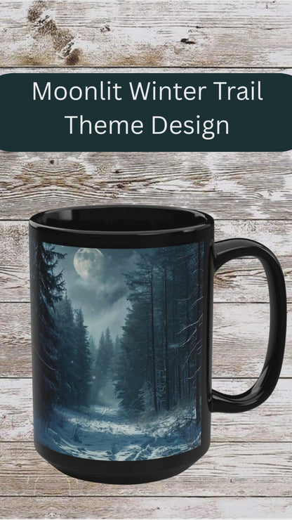 Moonlit Winter Trail 15oz Black Mug — Holiday Coffee & Tea Ceramic Cup