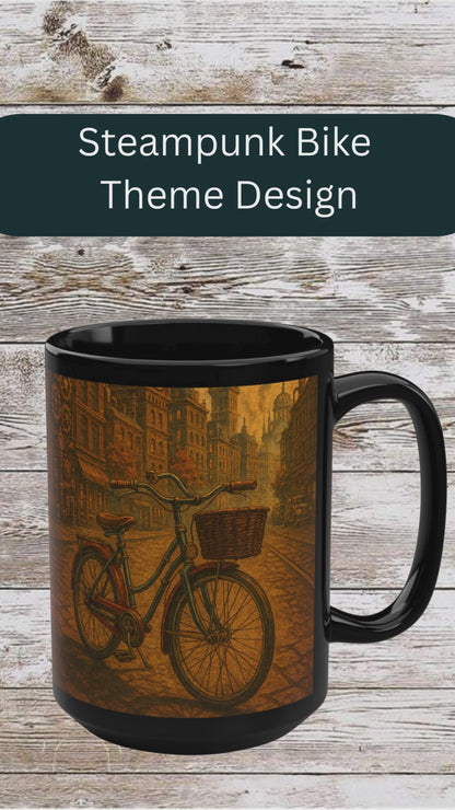 Steampunk Bicycle 15oz Black Ceramic Mug — Retro Bike Coffee & Tea Cup