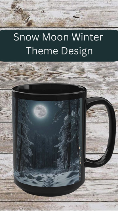 Snow Moon Winter Trail 15oz Black Mug — Holiday Coffee & Tea Ceramic Cup