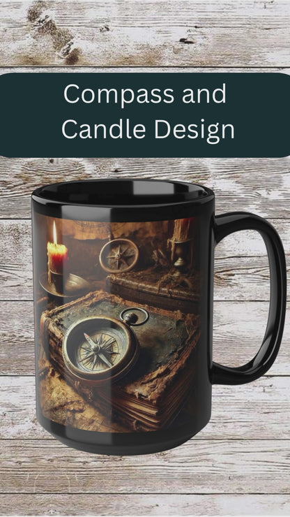Compass and Candle Black Mug, Thanksgiving Ceramic Cup, Cozy Home Gift, Seasonal Drinkware, Large Tea Mug, Black Coffee Cup