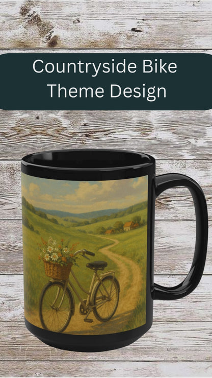 Countryside Bicycle 15oz Black Ceramic Mug — Retro Bike Coffee & Tea Cup