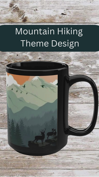 Mountain Hiking Theme Black Mug - Coffee Cup, Tea Cup, Ceramic Cup, Unique Holiday Gift, 15oz Mug