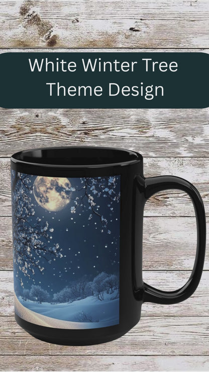 White Winter Tree 15oz Black Mug — Holiday Coffee & Tea Ceramic Cup