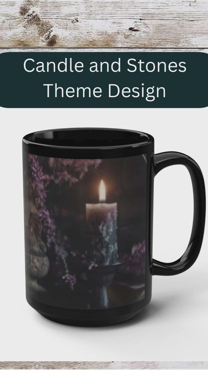 Candle and Stones Unique Tea Cup, Coffee Lover Mug, Hot Drink Gift Idea Black Mug, 15oz
