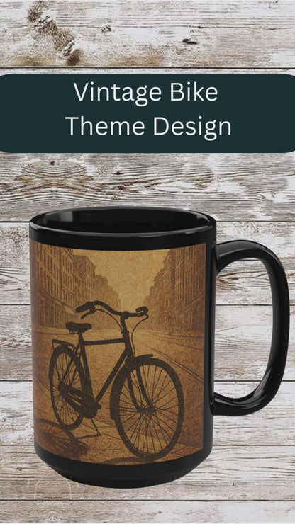 Vintage Bike 15oz Black Ceramic Mug — Retro Bicycle Coffee & Tea Cup