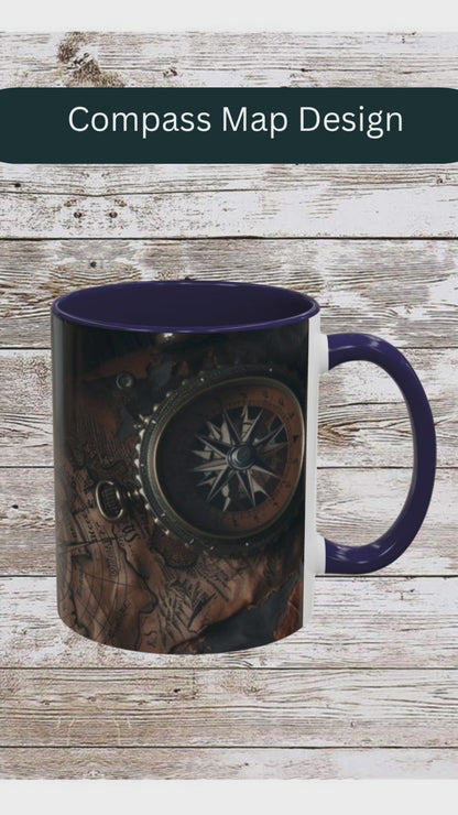 Compasses and Map Themed Coffee Mug, Traveler Gift, Adventure Mug, Wanderlust Mug, Explorer Cup, Camping Mug, Unique Map Mug
