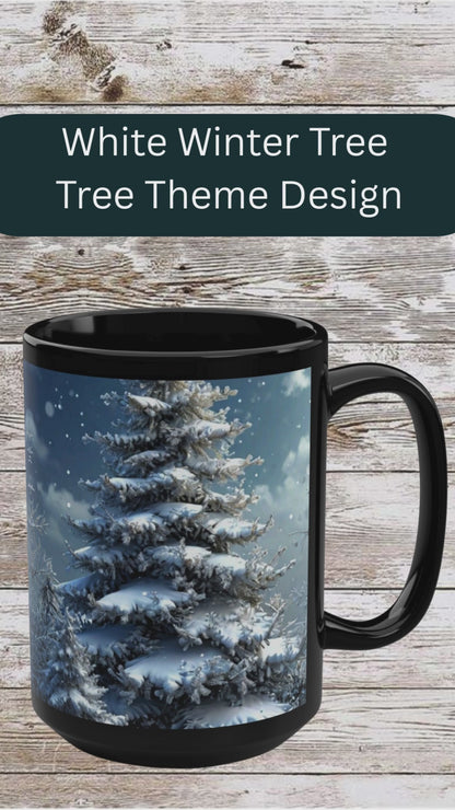 White Winter Christmas Tree 15oz Black Mug — Holiday Coffee & Tea Ceramic Cup