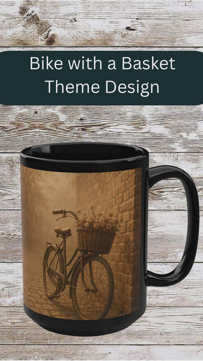 Bike with a Basket Ceramic Mug — 15oz Black Coffee & Tea Cup