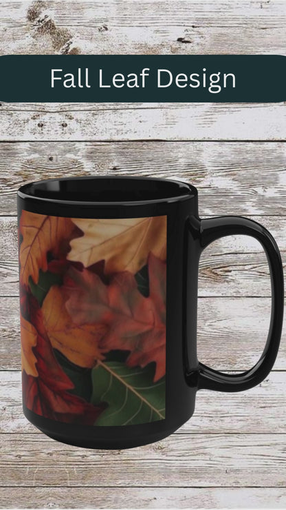 Fall Leaves Black Mug | 15oz Seasonal Coffee Cup, Fall Decor, Cozy Home Gift for Friends and Family, Thanksgiving Ceramic Mug