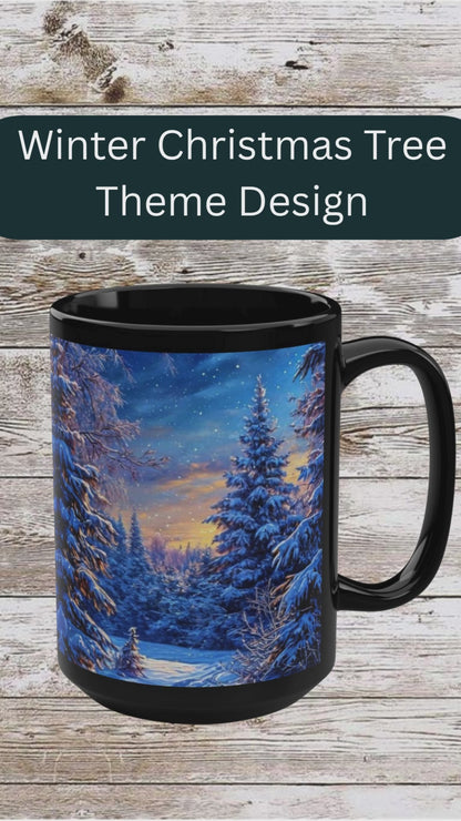 Winter Christmas Tree Black Mug - Coffee Cup, Tea Cup, Ceramic Cup, Unique Holiday Gift, 15oz Mug