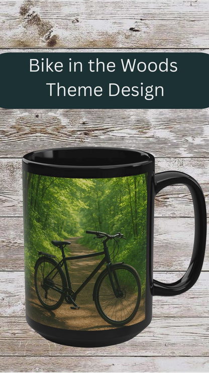Bike in the Woods 15oz Black Ceramic Mug — Coffee & Tea Cup