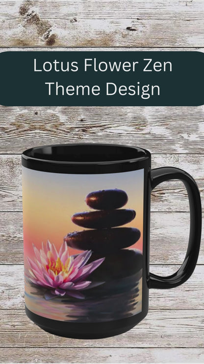 Lotus Flower Zen 15oz Black Mug — Calming Meditation Coffee Cup