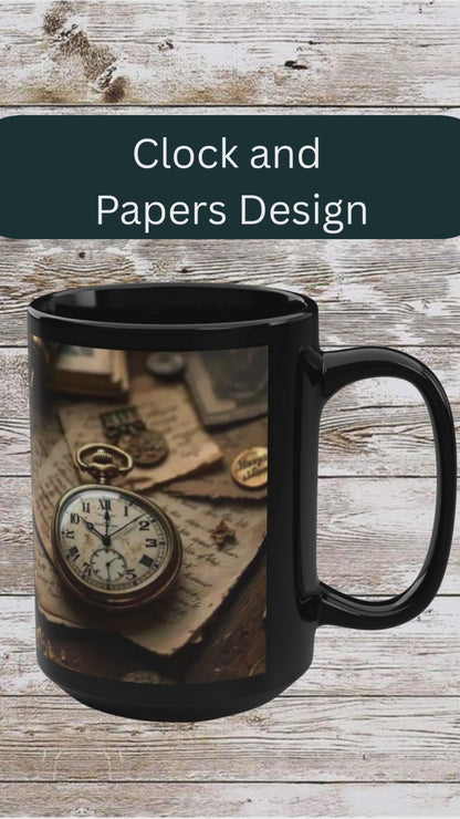 Clock and Papers Design, Thanksgiving Ceramic Cup, Cozy Home Gift, Seasonal Drinkware, Black Coffee Cup, Large Tea Mug