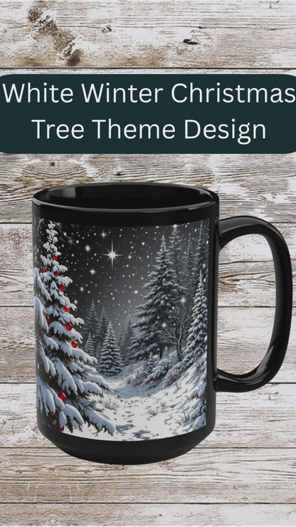 Winter Christmas Tree Black Mug - Coffee Cup, Tea Cup, Unique Holiday Gift, Ceramic Cup, 15oz Mug