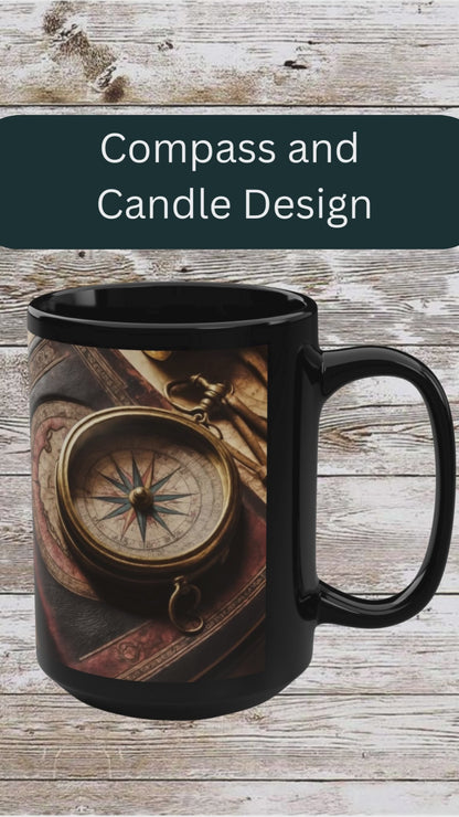 Compass and Book Black Mug, Thanksgiving Ceramic Cup, Cozy Home Gift, Seasonal Drinkware, Large Tea Mug, Black Coffee Cup