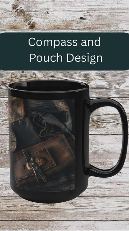Compass and Pouch Black Mug, Thanksgiving Ceramic Cup, Cozy Home Gift, Seasonal Drinkware, Large Tea Mug, Black Coffee Cup