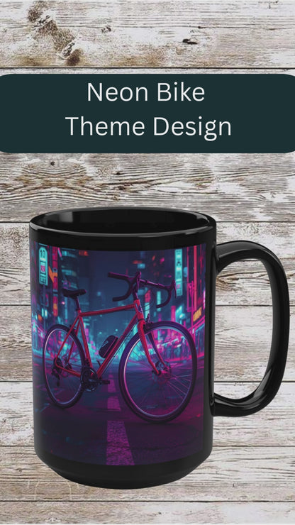 Neon Bicycle 15oz Black Ceramic Mug — Vibrant Cycling Coffee & Tea Cup