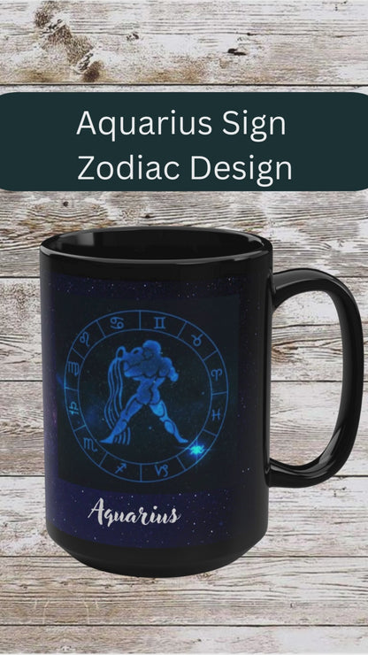 Aquarius Zodiac Mug, Astrology Gift Cup, Reflection Gratitude Lunar New Year Coffee Cup, Black Astro Gift, Zodiac Sign Mug, 15 oz